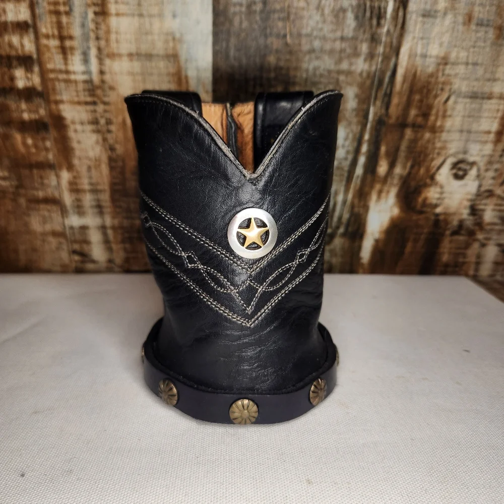 Vtg Leather Boot Cowhide Concho Western Beer Can Bottle Holder Koozie Set Pair - Picture 2 of 16